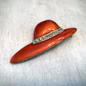 Vintage Red Enamel Hat Brooch with Crystal Band